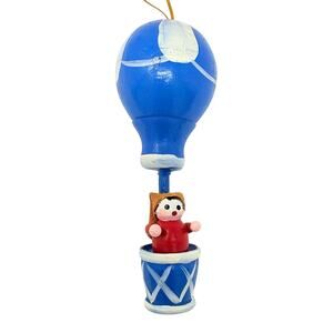 Vtg Hot Air Balloon Wooden Christmas Ornament Blue and White w/ Figure 4"